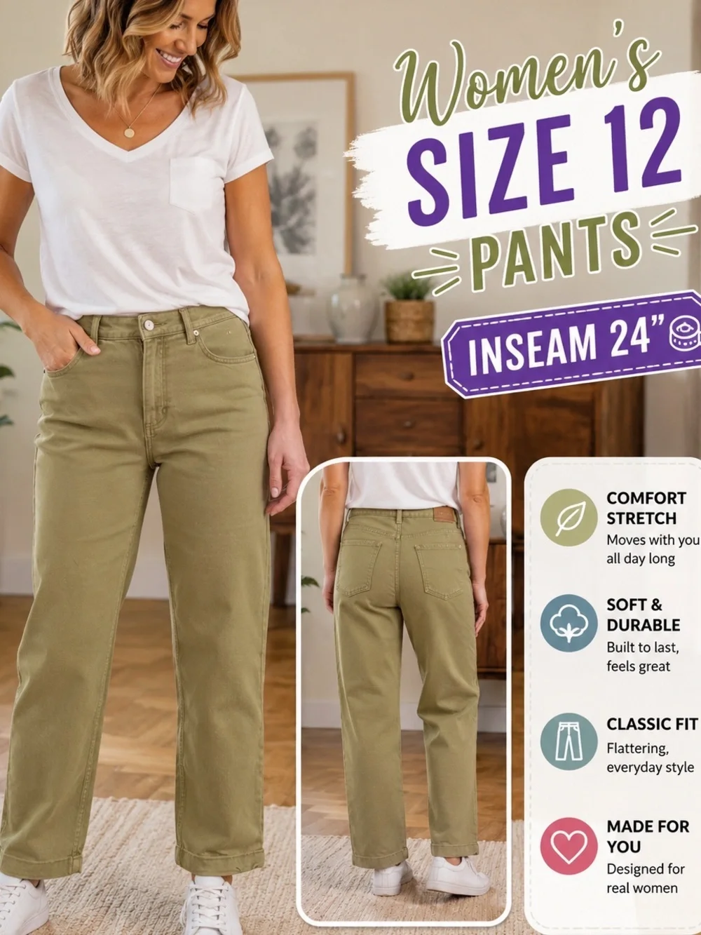 Gloria Vanderbilt Olive Green Straight-Leg Chinos size 12 inseam 24”